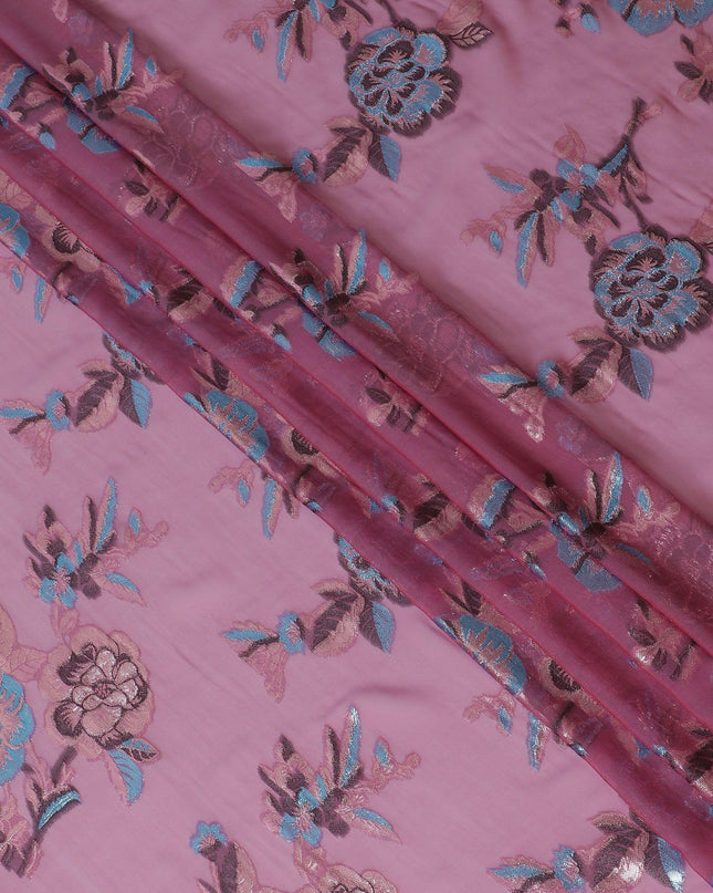 قماش شيفون حرير خالص فاخر باللون الوردي القرميدي مع لوريكس معدني أزرق ونحاسي بتصميم زهور-D13729