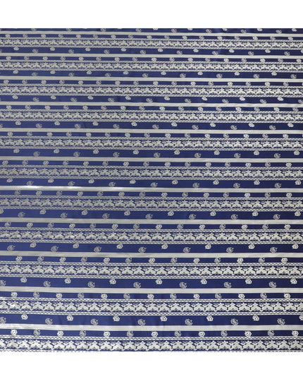 Royal blue pure silk satin fabric with same tone and silver film metallic in stripe design-D11048