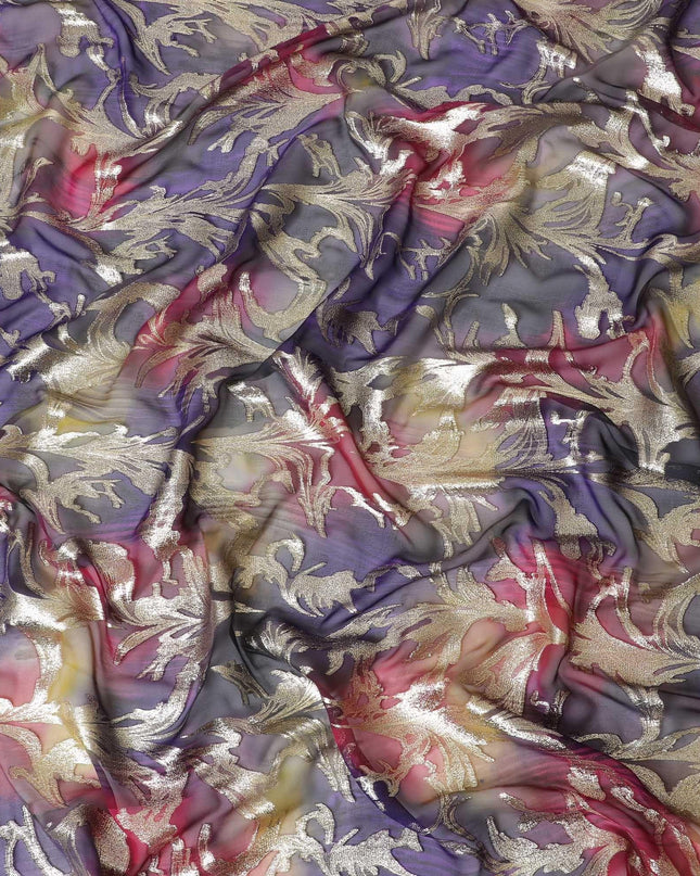 شيفون من الحرير الخالص متعدد الألوان مع لوريكس معدني ذهبي بتصميم أوراق الشجر -D11383