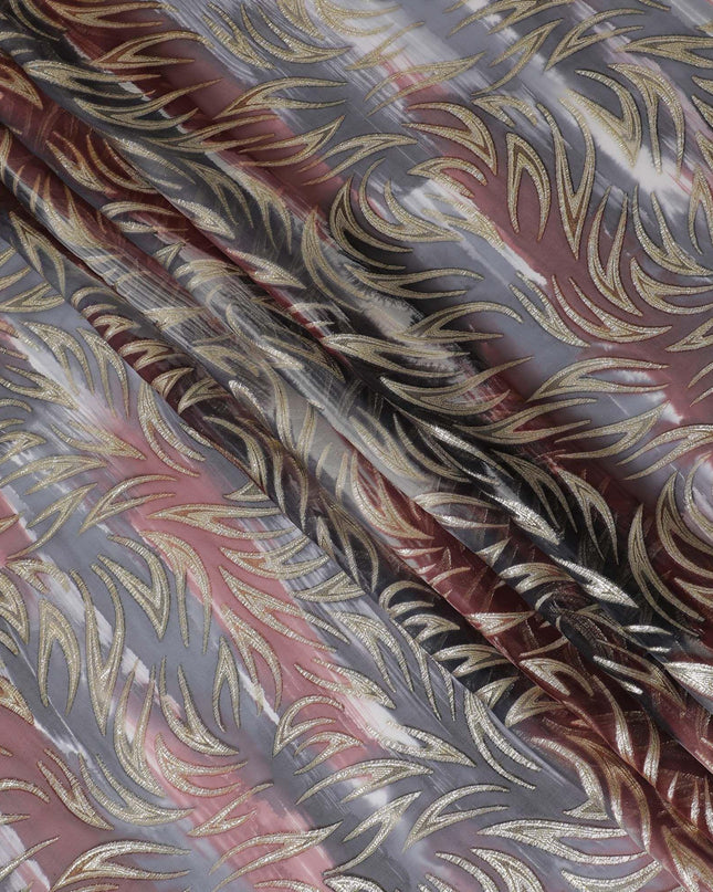 قماش شيفون من الحرير الخالص متعدد الألوان مع لوريكس معدني ذهبي بتصميم تجريدي-D14075