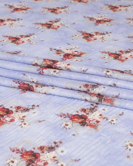Blizzard blue cotton voile fabric with same tone embroidery having bieg, maroon and brown print in floral design-D6803