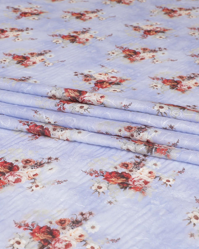 Blizzard blue cotton voile fabric with same tone embroidery having bieg, maroon and brown print in floral design-D6803