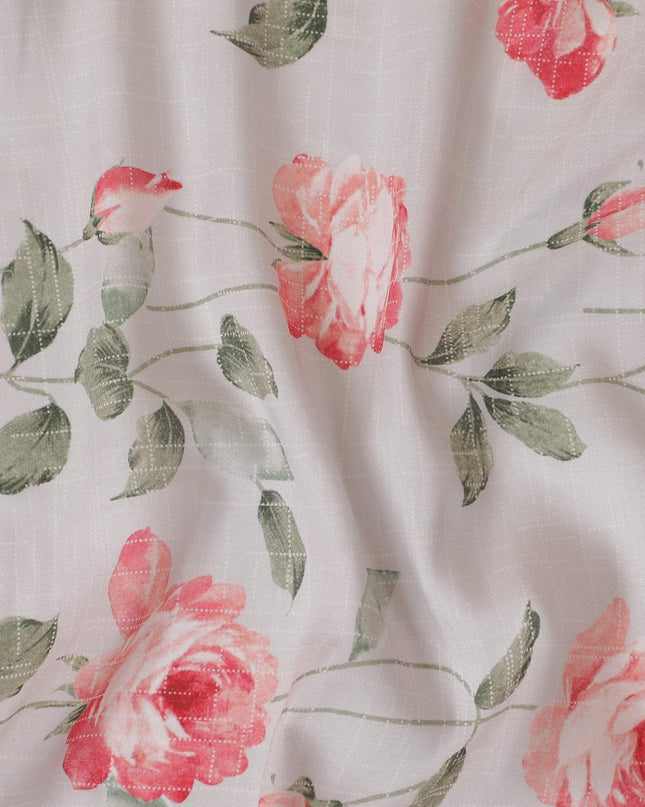 Light grey cotton lawn fabric with brick pink and sage green print in floral design-D9021
