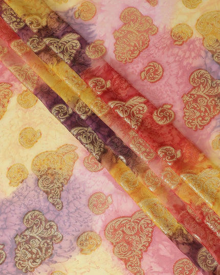 قماش شيفون حريري فرنسي (فرنساوي) فاخر متعدد الألوان مع لوركس معدني ذهبي بتصميم زهور-D14015