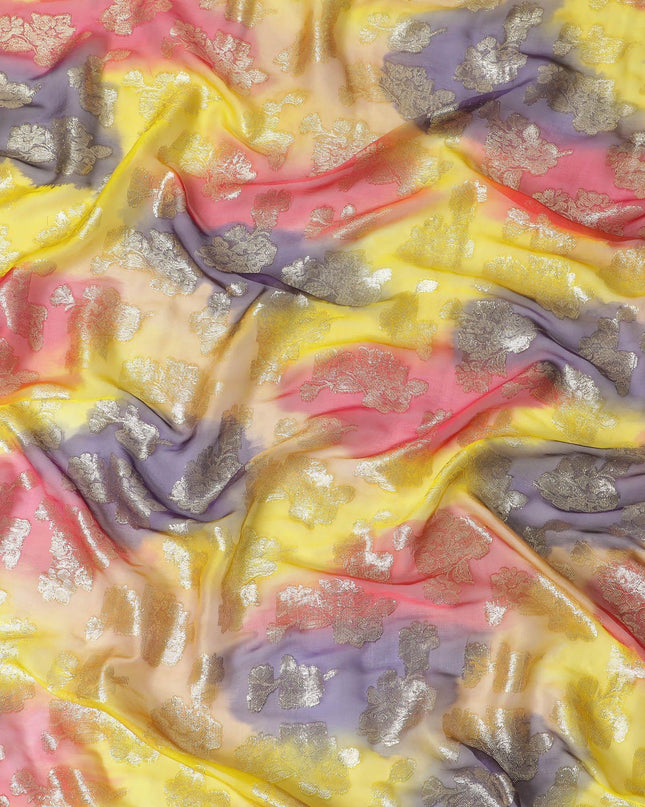 قماش شيفون حريري فرنسي (فرنساوي) فاخر متعدد الألوان مع لوركس معدني ذهبي بتصميم زهور-D14006
