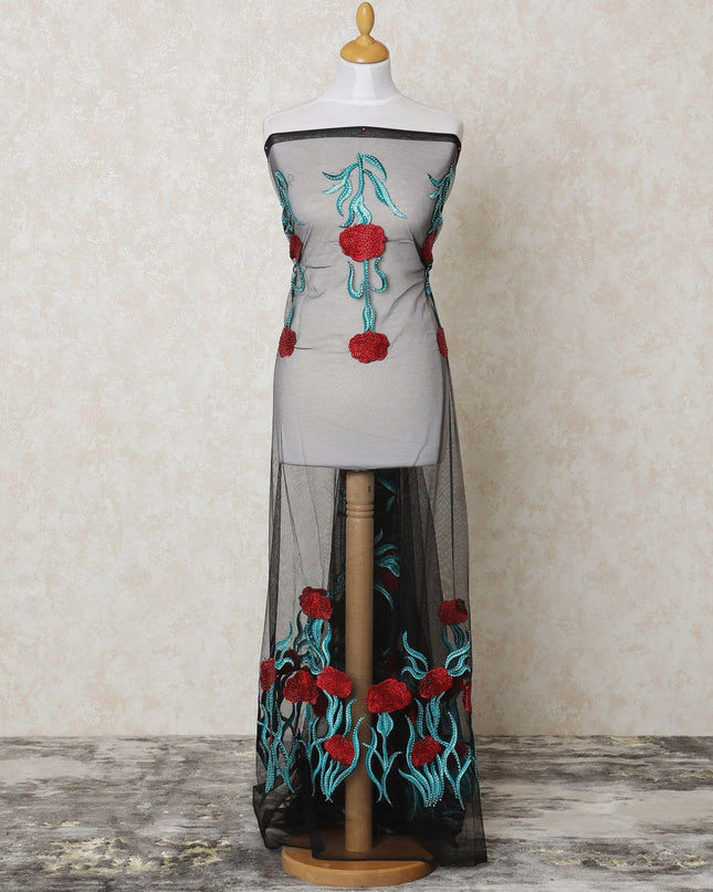 Black nylon tulle fabric with turquoise blue and crimson red embroidery having stone work in floral design-D12004