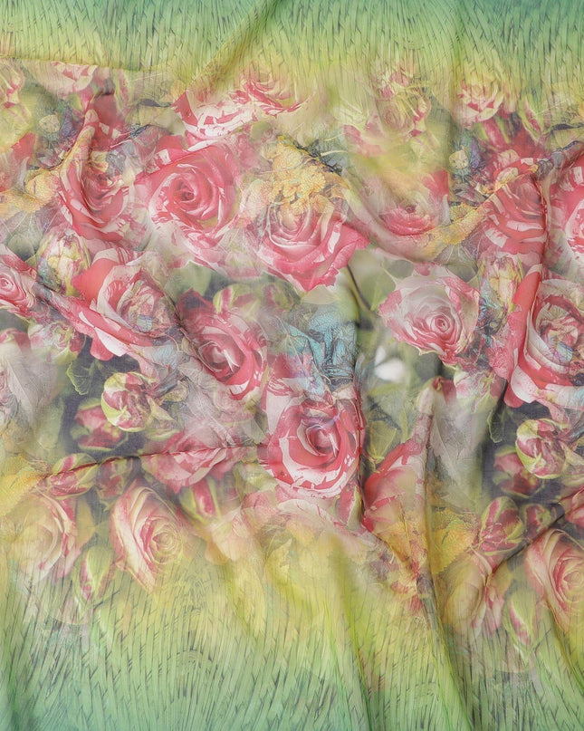 Jade green cotton voile fabric with multicolor print in floral design-D6276