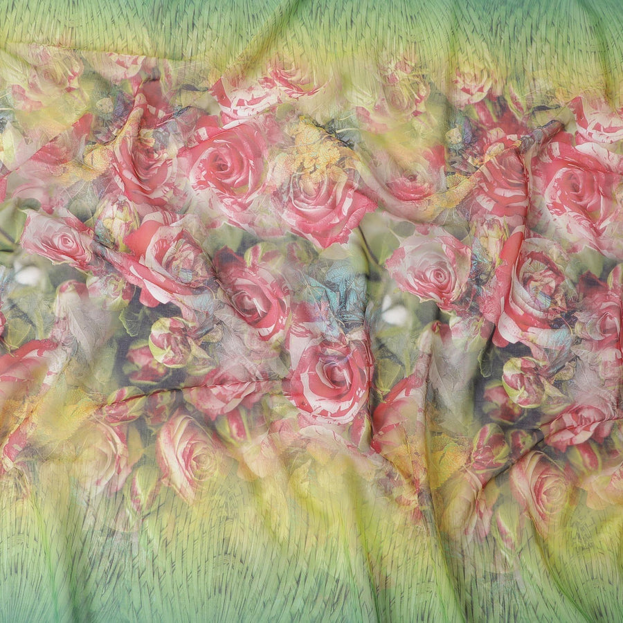 Jade green cotton voile fabric with multicolor print in floral design-D6276