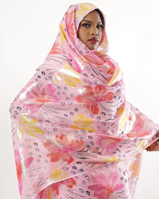 Flamingo pink Premium silk chiffon Thobe with orange, hot pink, Air force blue, mustard yellow print having gold and silver metallic lurex in floral design-D6554 Regal Fabrics
