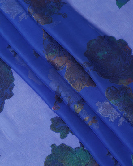 قماش شيفون حريري نقي فاخر باللون الأزرق الملكي مع لوركس معدني متعدد الألوان بتصميم زهور -D9698