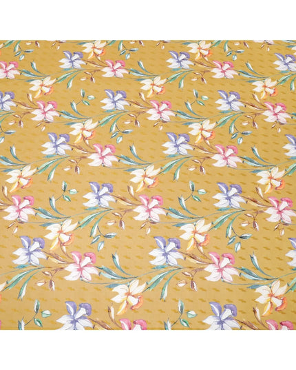 Mustard yellow cotton voile fabric with same tone jacquard having multicolor print in floral design-D8247 Regal Fabrics