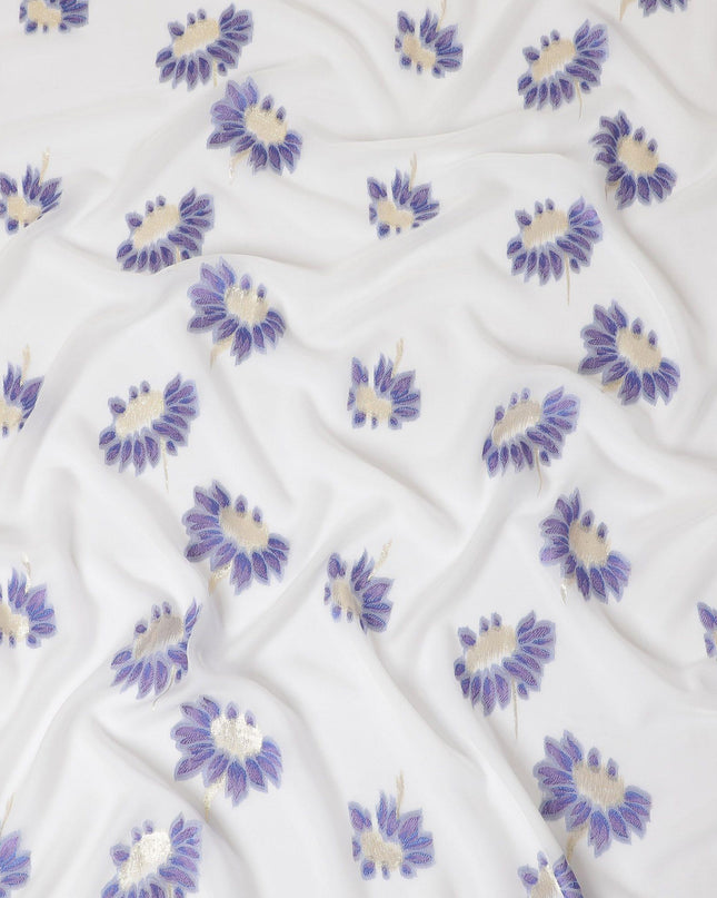 قماش شيفون من الحرير الخالص الأبيض الفاخر مع الفيسكوز الأزرق مع اللوريكس المعدني الذهبي بتصميم الأزهار-D14234