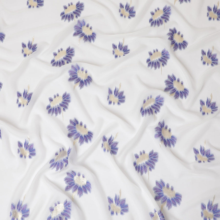 قماش شيفون من الحرير الخالص الأبيض الفاخر مع الفيسكوز الأزرق مع اللوريكس المعدني الذهبي بتصميم الأزهار-D14234