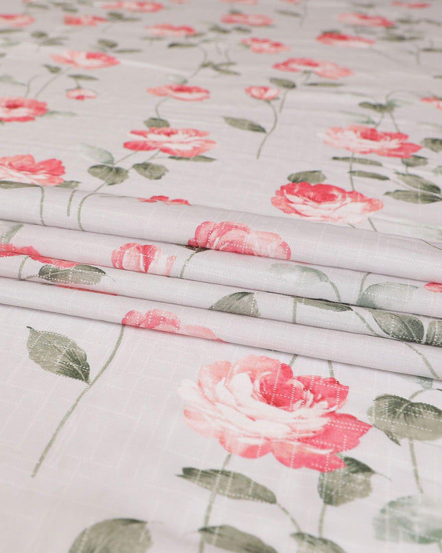 Light grey cotton lawn fabric with brick pink and sage green print in floral design-D9021