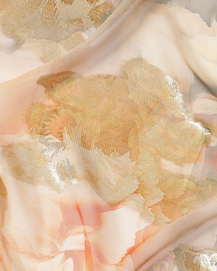 Melon orange synthetic chiffon fabric with same tone and royal orange print having gold metallic lurex in floral design-D7005 Regal Fabrics