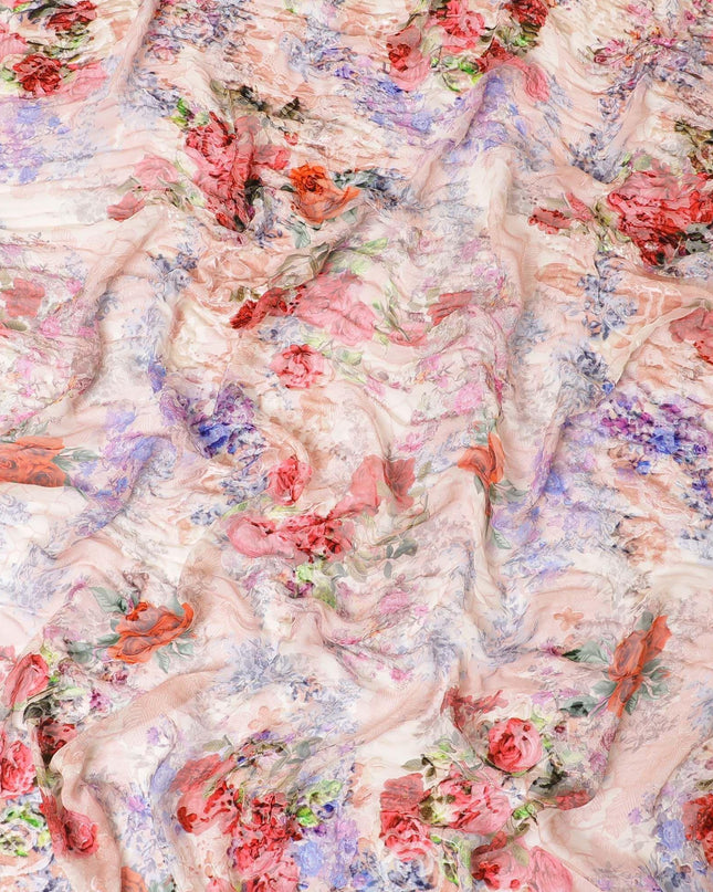 Cantaloupe silk chiffon fabric with multi colored digital prints and burnout velvet in floral design for Dirac - D9840