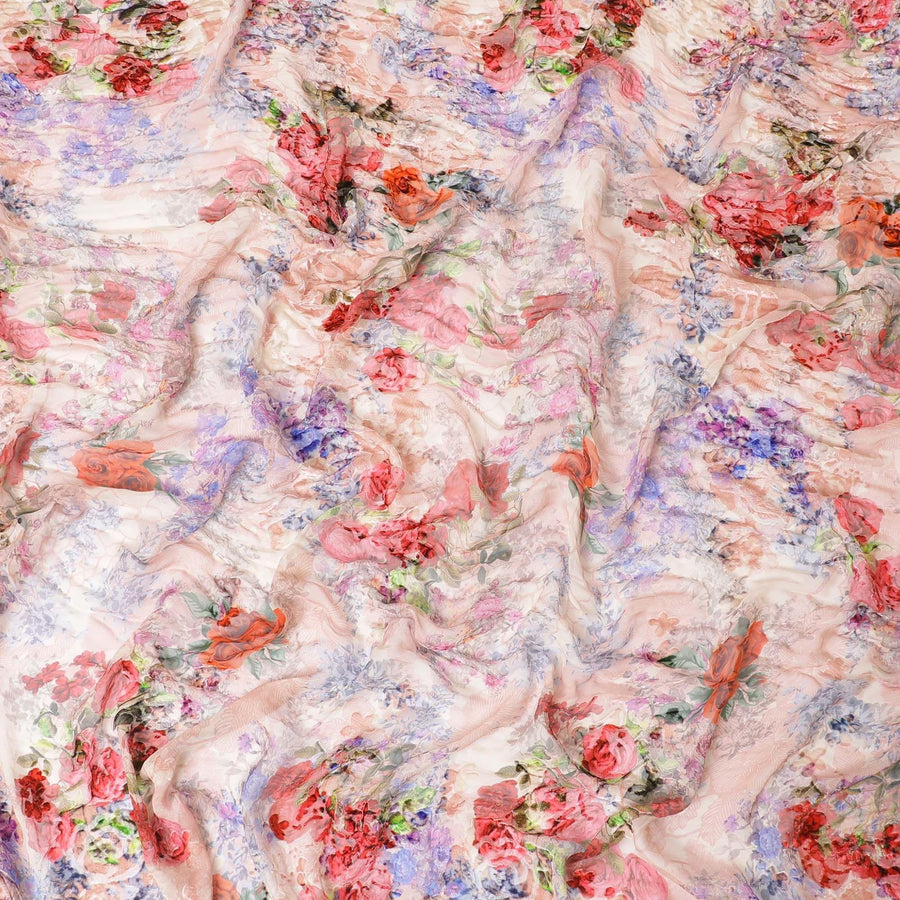 Cantaloupe silk chiffon fabric with multi colored digital prints and burnout velvet in floral design for Dirac - D9840