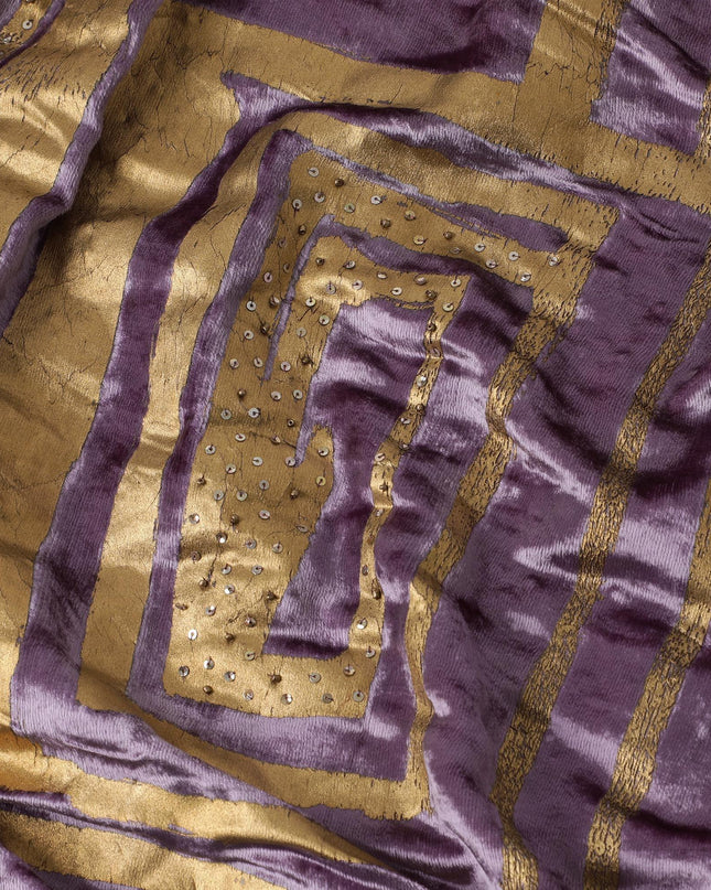 Mauve purple Rayon velvet fabric with metallic gold paint and silver sequins in geometric design