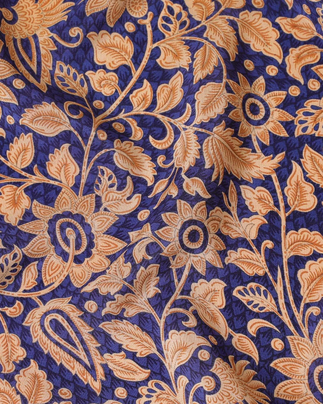 Royal blue silk crepe fabric with beige and light brown print in floral design-D8410 Regal Fabrics