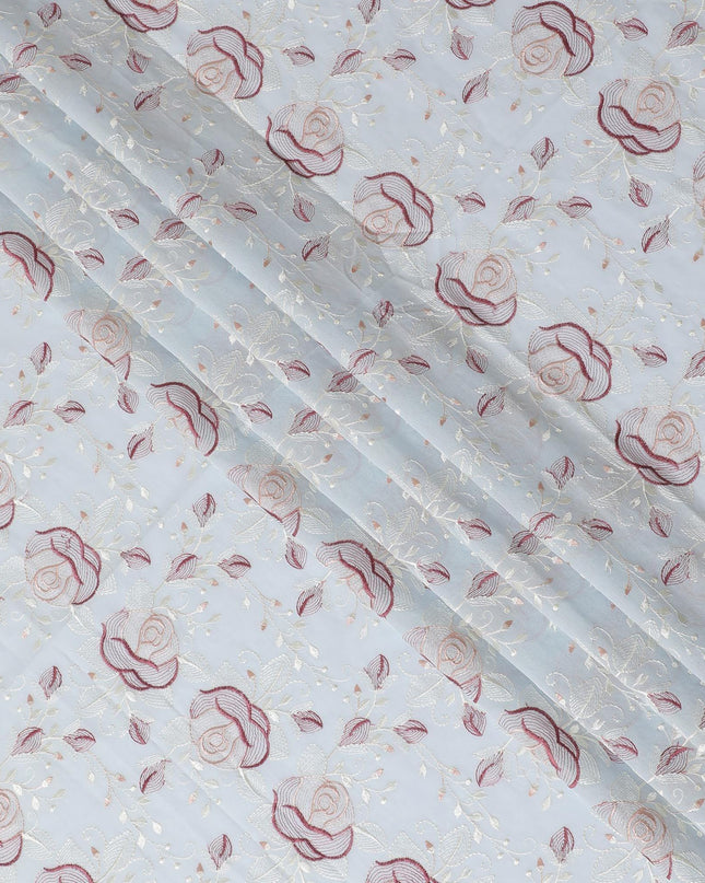 Powder blue Premium pure cotton voile fabric with dark brown and beige embroider in floral design-D15251