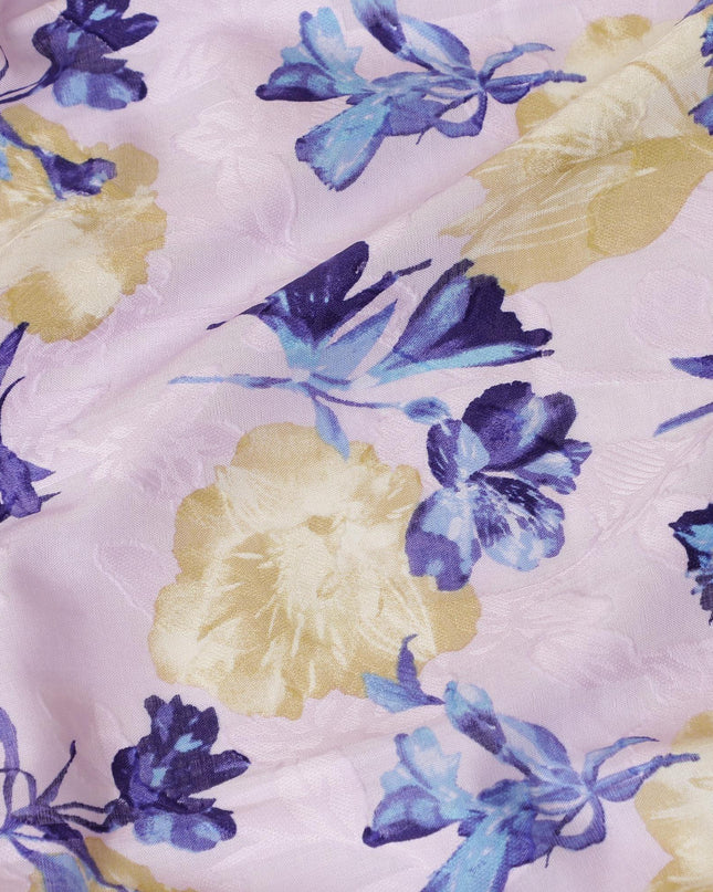Light lilac uragiri cotton voile fabric with purple, baby blue and  sand beige print in floral design-D7334