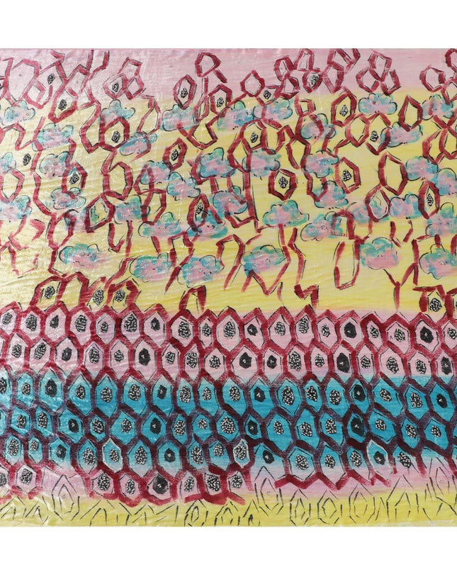 Baby pink to light laguna yellow Rayon velvet fabric with metallic silver Appliques and sequins in Abstract design