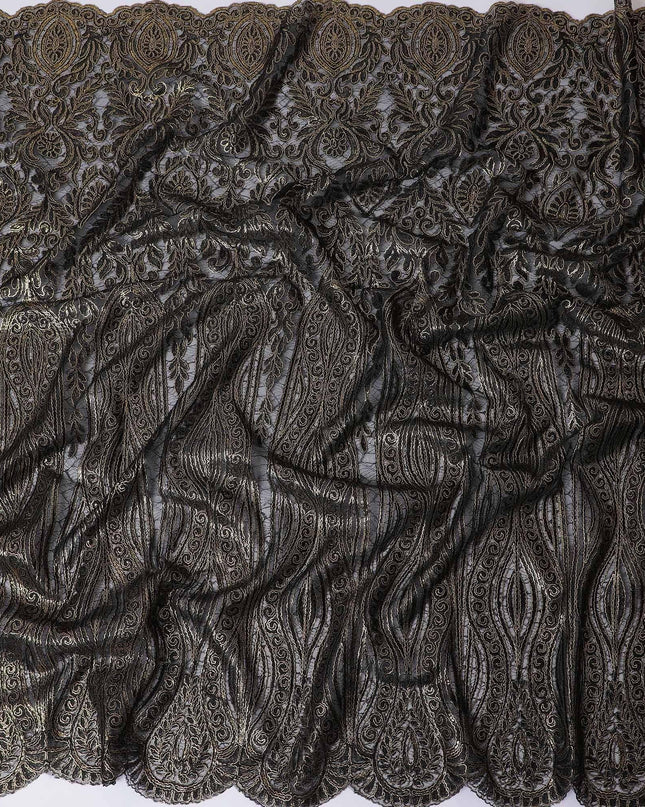 Black nylon tulle fabric with gold embroidery in fancy design-D11714