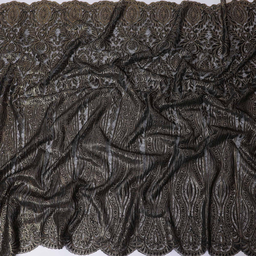 Black nylon tulle fabric with gold embroidery in fancy design-D11714