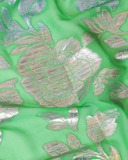 Screamin green pure silk chiffon fabric with multicolor metallic lurex in floral design-D8940