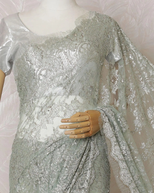 Mint green, silver, copper Premium pure French metallic chantilly lace saree in floral design-D15542 Regal Fabrics
