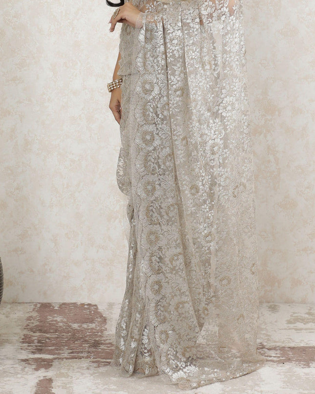 دانتيل الساري الفرنسي شانتيلي المعدني النقي الفاخر باللون البيج الفاتح والذهبي بتصميم الأزهار-D13511