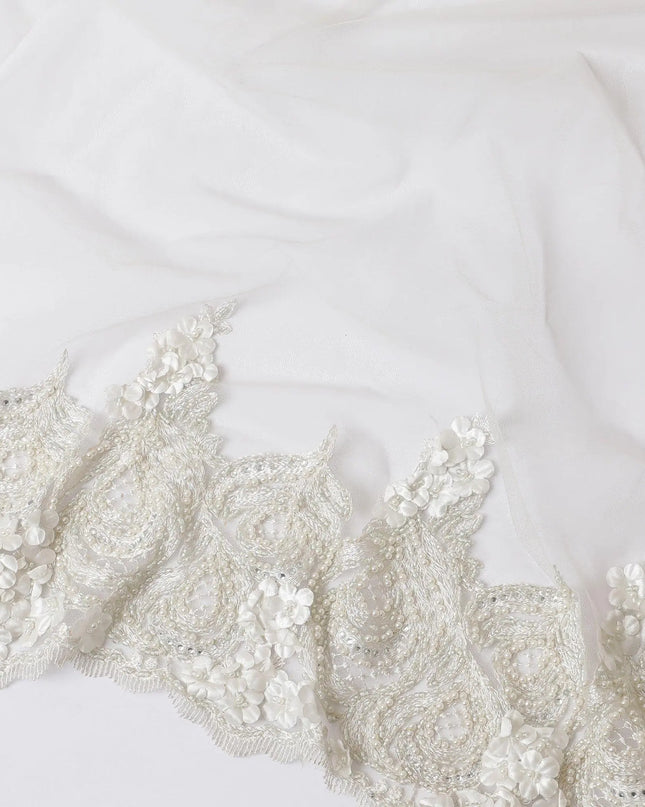Off white nylon tulle fabric with same tone embroidery, floral petals having bead work and stone work in floral design-D11736 Regal Fabrics