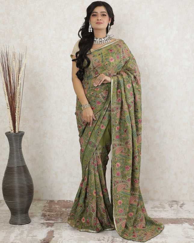 Olive green Premium pure silk georgette kashmiri work saree having multicolor embroidery and stone work in floral design-D13493 Regal Fabrics