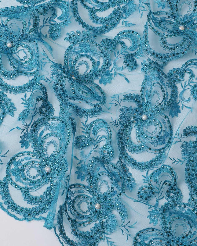 Steel blue nylon tulle fabric with same tone embroidery and beads in floral design having stone work-D11699 Regal Fabrics