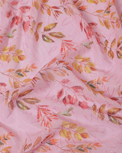 Baby pink premium pure cotton voile fabric with multicolor print and same tone embroidery in fancy design-D13252