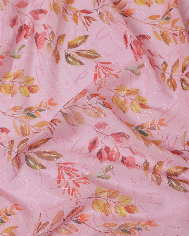 Baby pink premium pure cotton voile fabric with multicolor print and same tone embroidery in fancy design-D13252