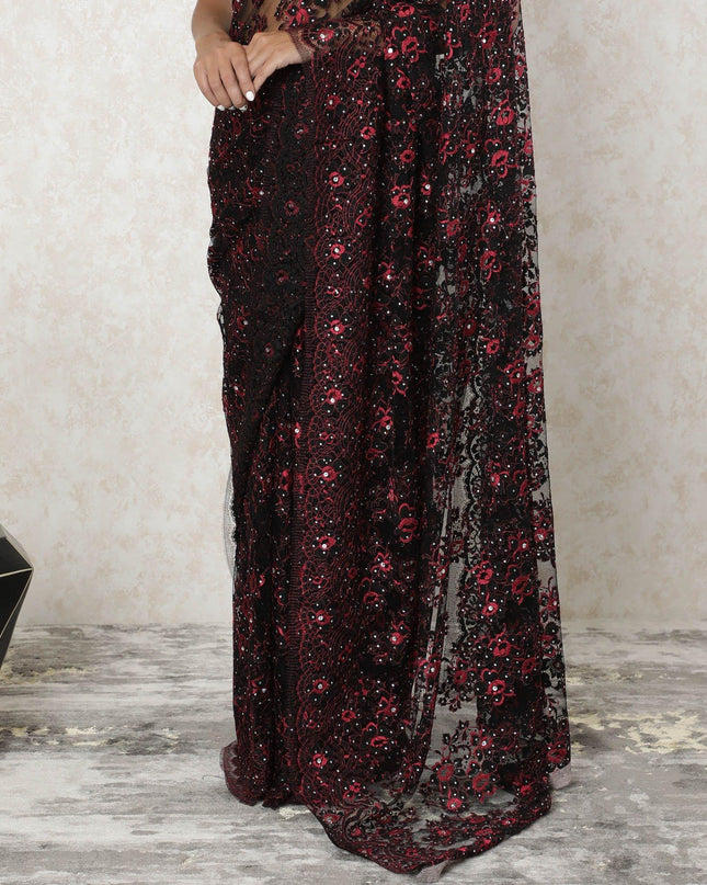Black, Crimson red Premium two tone French chantilly lace saree having stone work in floral design-D10903