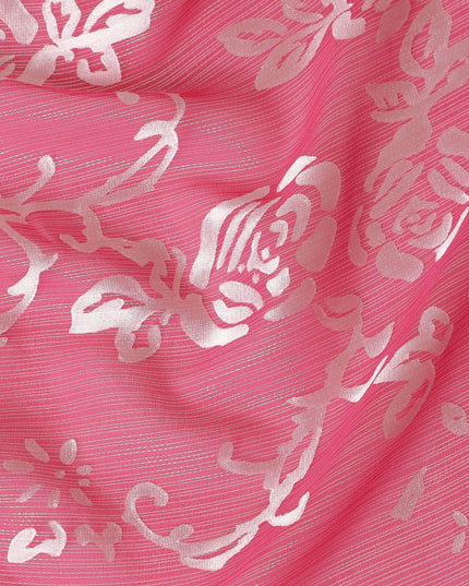 قماش شيفون من الحرير الخالص Premim باللون الوردي الوردي مع جاكار فضي بتصميم زهور-D15329