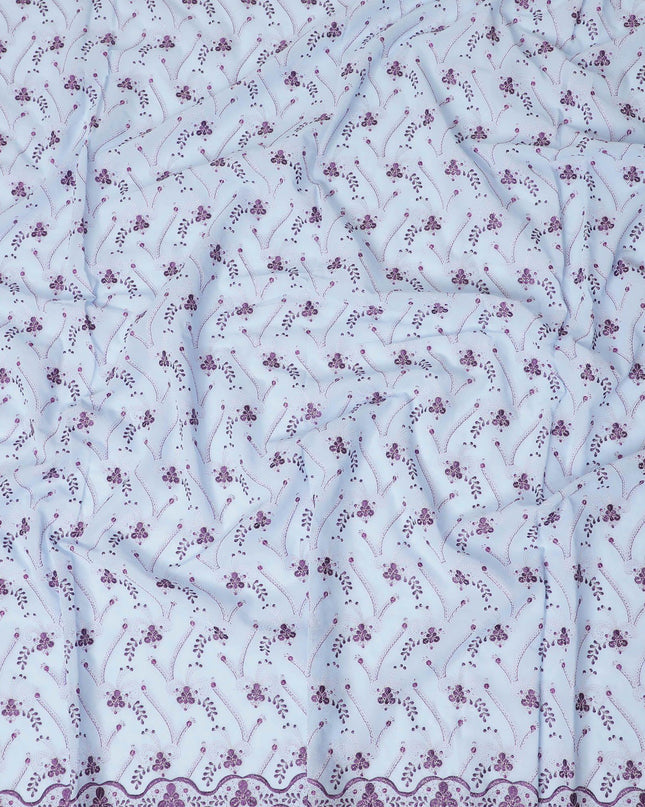 Baby blue Premium 100% Swiss cotton voile (Sudanese Thobe) fabric with purple and silver embrodiery in floral design-D13522