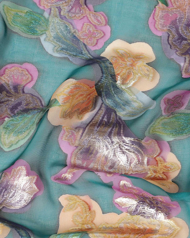 قماش شيفون حريري نقي فاخر باللون الأخضر مع طباعة يدوية متعددة الألوان ولوريكس معدني بتصميم زهور-D10427