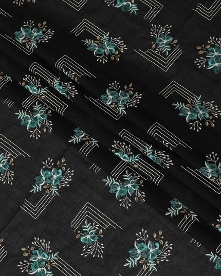 Black premium pure cotton voile fabric with multicolor embroidery in floral design-D13611