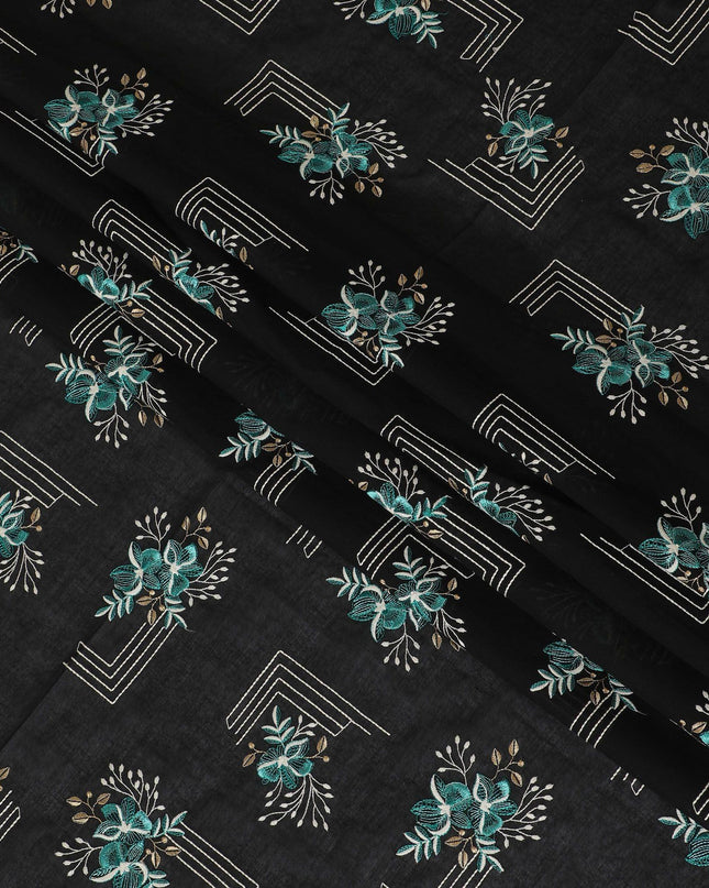 Black premium pure cotton voile fabric with multicolor embroidery in floral design-D13611