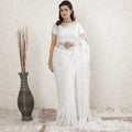 White Premium Pure French chantilly lace saree having stone work in floral design-D13464