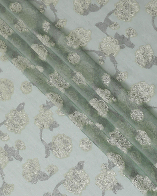 قماش شيفون حريري فرنسي (فرنساوي) فاخر باللون الأخضر الطحلبي مع نفس اللون من الفيسكوز مع لوريكس معدني أسود بتصميم زهور -D15631