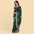 Pine green synthetic tusser fabric with multi colour embroidery in floral design. Blouse piece in same colour-D12745 Regal Fabrics