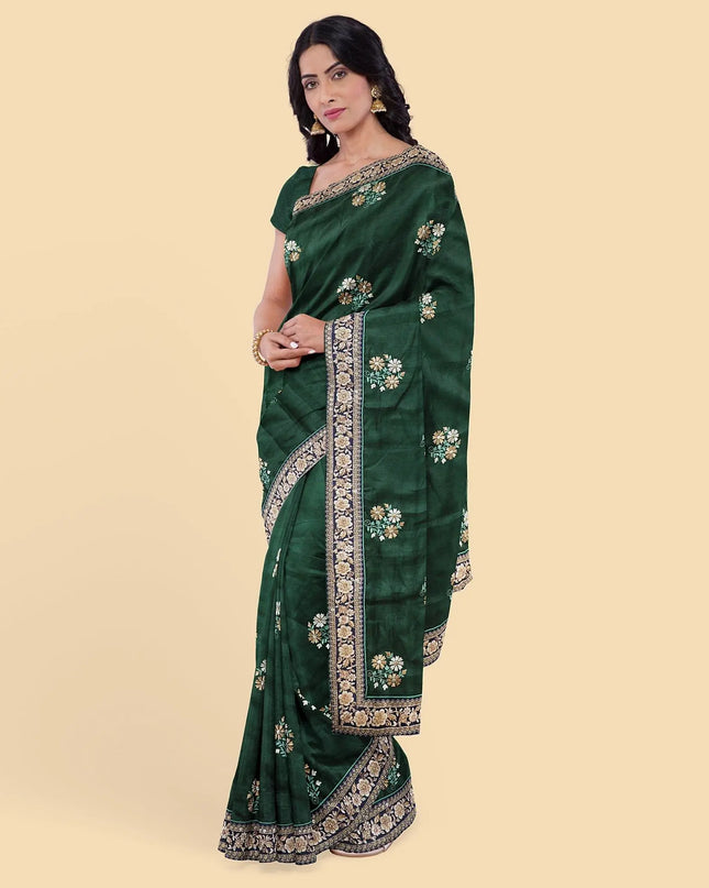 Pine green synthetic tusser fabric with multi colour embroidery in floral design. Blouse piece in same colour-D12745 Regal Fabrics