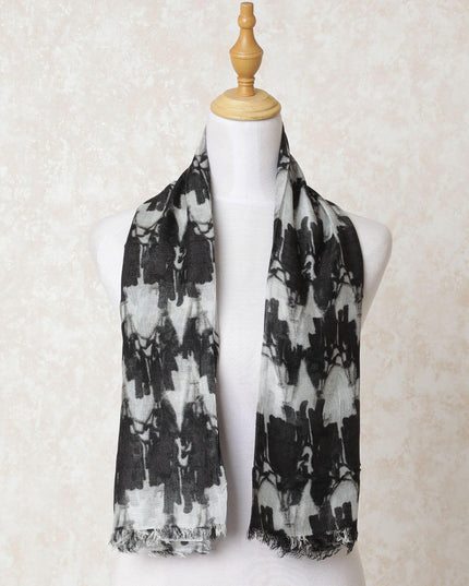 Black poly cotton scarf with cloud grey print in abstract design-D10701