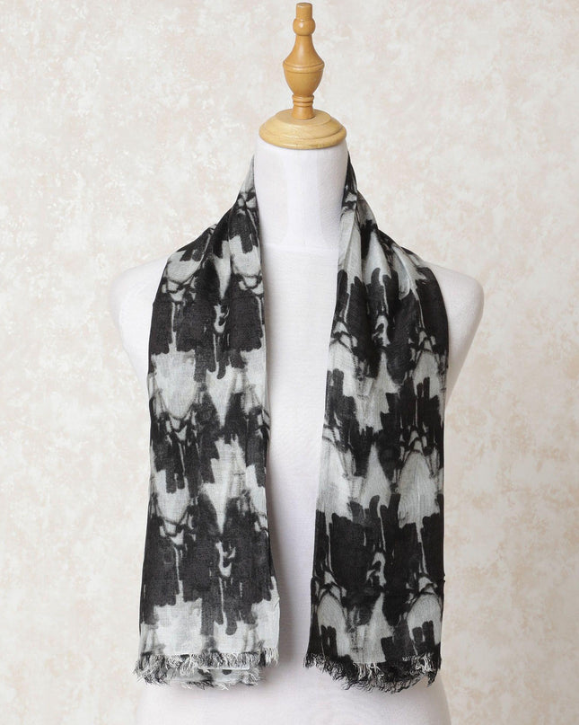 Black poly cotton scarf with cloud grey print in abstract design-D10701