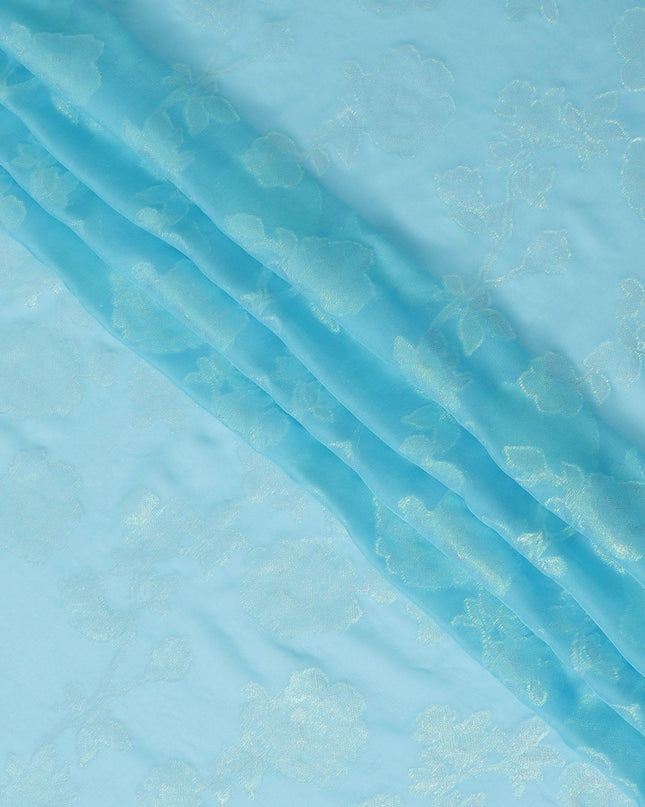 قماش شيفون من الحرير الخالص باللون الأزرق السماوي بنفس اللون والوركس المعدني باللون الأخضر النيون بتصميم الأزهار-D13893