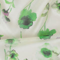 Beige pure silk chiffon fabric with pastel green, lavender and black print in floral design-D13030